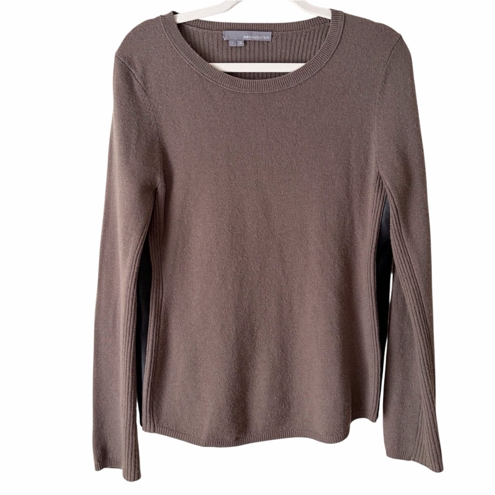 360 Sweater | Wool Cashmere Pullover Sweater Leather Side Panels Brown Large